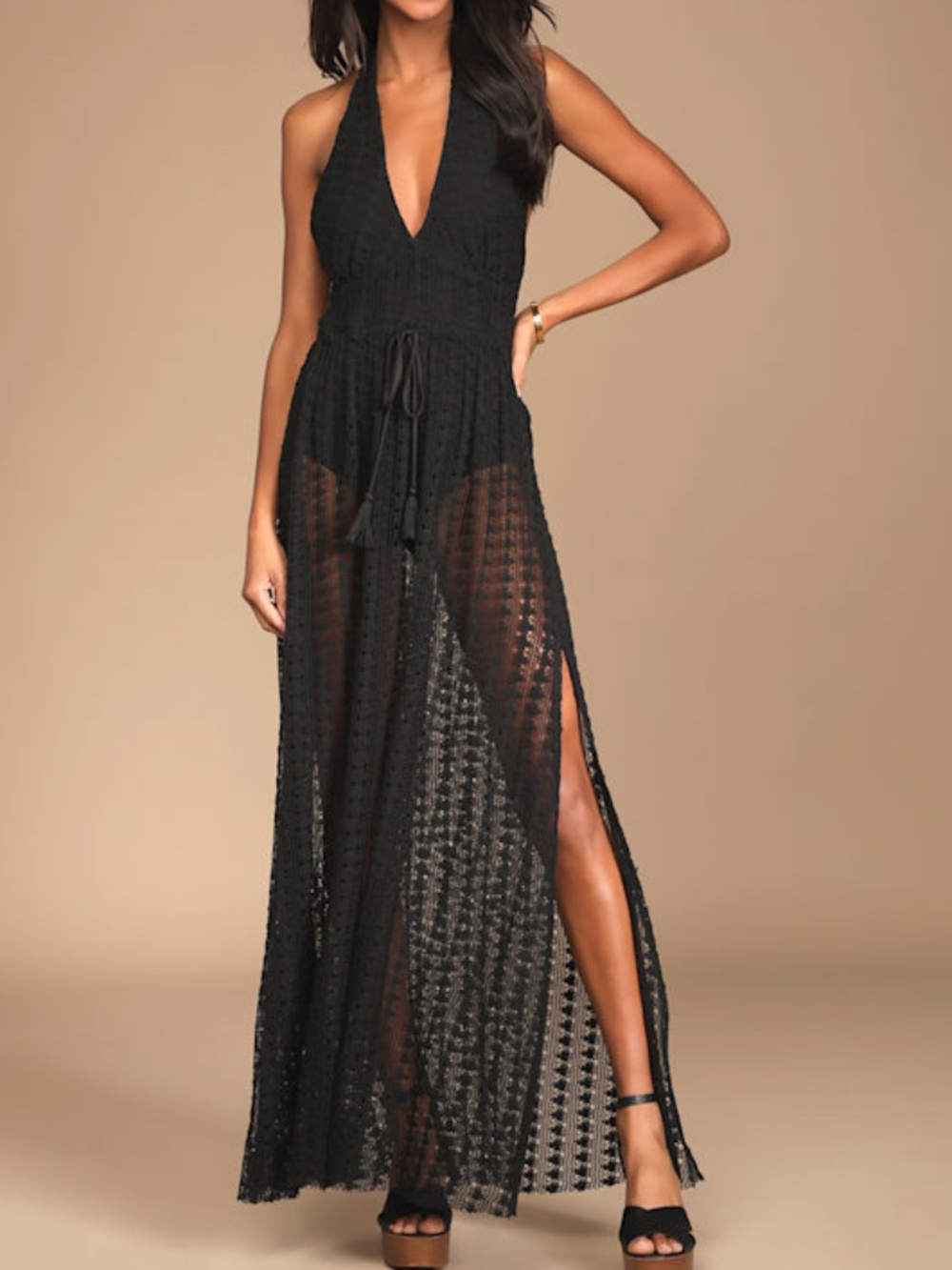 Lulus Destination Summer Black Crochet Halter Maxi Bodysuit Dress - Size XL